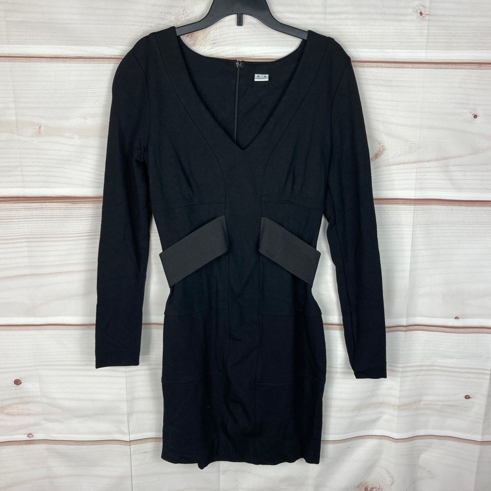 Three Dots Dress Womens M Bodycon Mini Black V-Neck Long Sleeve Ponte Knit Solid